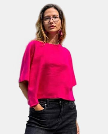 Pulovere - Pulover versatil cu maneca fluture din vascoza, fucsia