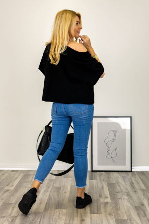 Pulover versatil cu maneca fluture din vascoza, negru [2]