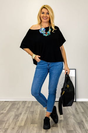 Pulovere - Pulover versatil cu maneca fluture din vascoza, negru