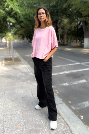 Pulover versatil cu maneca fluture din vascoza, roz [2]