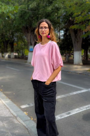 Pulover versatil cu maneca fluture din vascoza, roz [1]