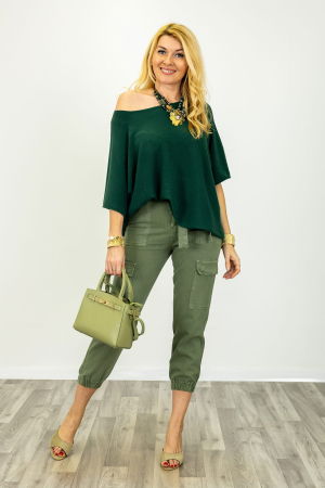 Pulover versatil cu maneca fluture din vascoza, verde inchis [5]