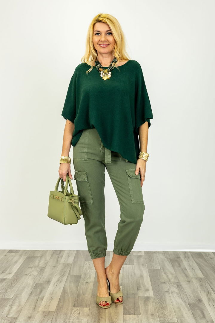 Pulovere - Pulover versatil cu maneca fluture din vascoza, verde inchis