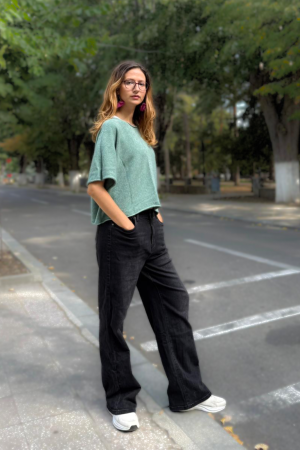 Pulover versatil cu maneca fluture din vascoza, verde prafuit [2]