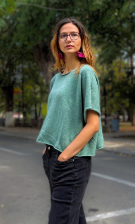 Pulover versatil cu maneca fluture din vascoza, verde prafuit [1]