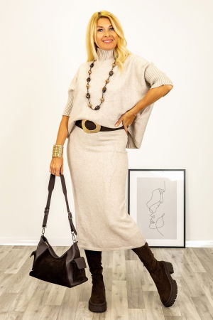 Pulovere - Pulover versatil cu maneci scurte ribbed si guler inalt, din vascoza, bej