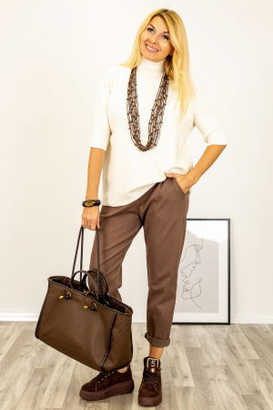 Pulover versatil cu maneci scurte ribbed si guler inalt, din vascoza, ivory [4]