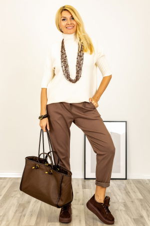 Pulover versatil cu maneci scurte ribbed si guler inalt, din vascoza, ivory [1]