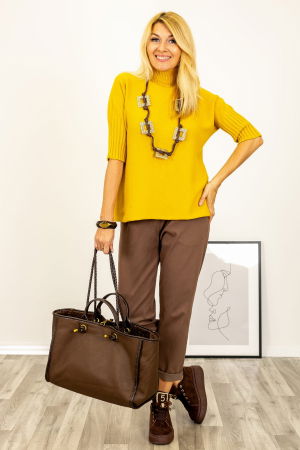 Pulovere - Pulover versatil cu maneci scurte ribbed si guler inalt, din vascoza, galben