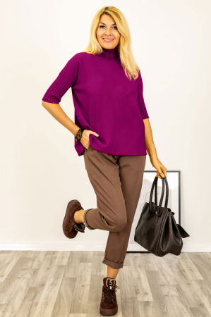 ÎMBRĂCĂMINTE - Pulover versatil cu maneci scurte ribbed si guler inalt, din vascoza, magenta