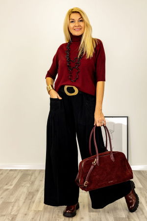 Pulovere - Pulover versatil cu maneci scurte ribbed si guler inalt, din vascoza, bordo