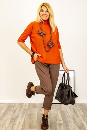 Pulovere - Pulover versatil cu maneci scurte ribbed si guler inalt, din vascoza, caramizie