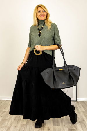 Pulover versatil cu maneci scurte ribbed si guler inalt, din vascoza, verde prafuit [1]