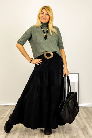 Pulover versatil cu maneci scurte ribbed si guler inalt, din vascoza, verde prafuit [3]