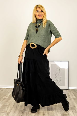 Pulovere - Pulover versatil cu maneci scurte ribbed si guler inalt, din vascoza, verde prafuit