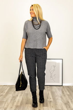 Pulover versatil cu maneci scurte ribbed si guler inalt, din vascoza, gri [2]