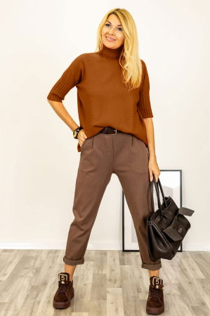 Pulover versatil cu maneci scurte ribbed si guler inalt, din vascoza, maro roscat [1]