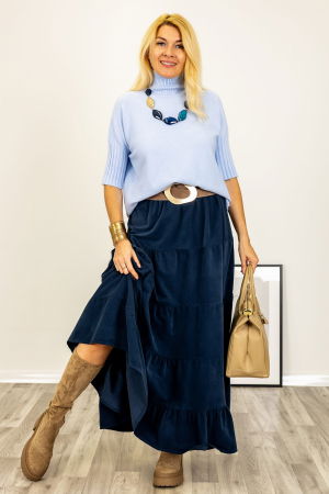 Pulovere - Pulover versatil cu maneci scurte ribbed si guler inalt, din vascoza, bleu