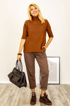 Pulover versatil cu maneci scurte ribbed si guler inalt, din vascoza, maro roscat [2]