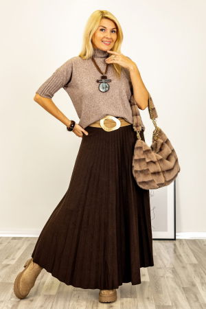 Pulover versatil cu maneci scurte ribbed si guler inalt, din vascoza, bej inchis [3]