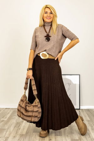 NOUTATI - Pulover versatil cu maneci scurte ribbed si guler inalt, din vascoza, bej inchis