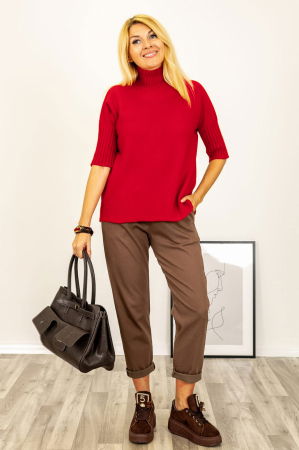 Pulover versatil cu maneci scurte ribbed si guler inalt, din vascoza, rosu inchis [2]