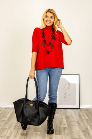 Pulovere - Pulover versatil cu maneci scurte ribbed si guler inalt, din vascoza, rosu