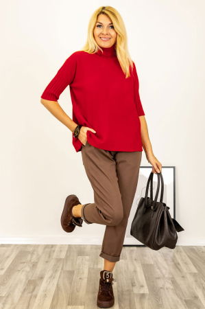 Pulover versatil cu maneci scurte ribbed si guler inalt, din vascoza, rosu [5]