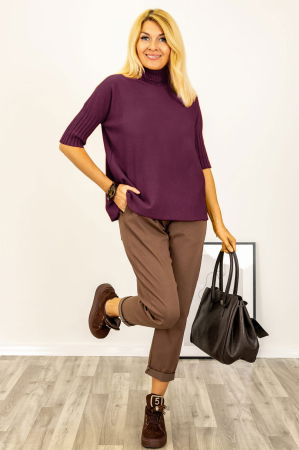 Pulover versatil cu maneci scurte ribbed si guler inalt, din vascoza, visiniu [1]