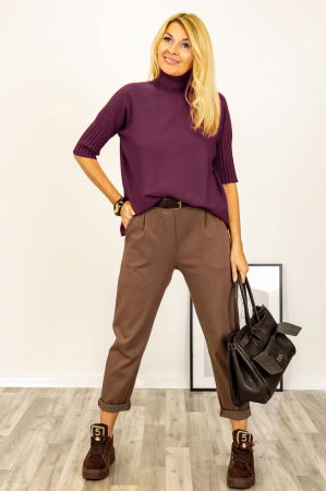 NOUTATI - Pulover versatil cu maneci scurte ribbed si guler inalt, din vascoza, visiniu