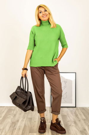 Pulover versatil cu maneci scurte ribbed si guler inalt, din vascoza, verde deschis [2]