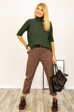 Pulover versatil cu maneci scurte ribbed si guler inalt, din vascoza, kaki [1]