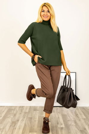 Pulovere - Pulover versatil cu maneci scurte ribbed si guler inalt, din vascoza, kaki