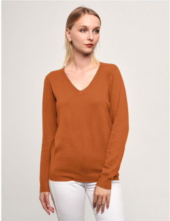ÎMBRĂCĂMINTE - Puloveras cu decolteu in V, din tricotaj fin, caramiziu