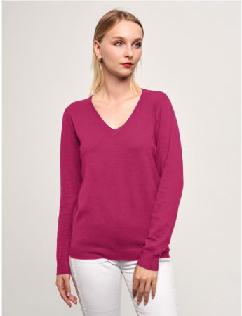 Pulovere - Puloveras cu decolteu in V, din tricotaj fin, fucsia