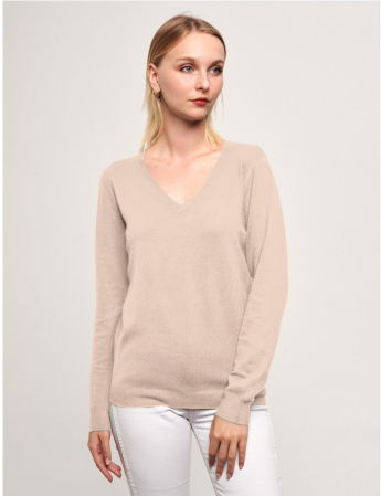 Pulovere - Puloveras cu decolteu in V, din tricotaj fin, bej