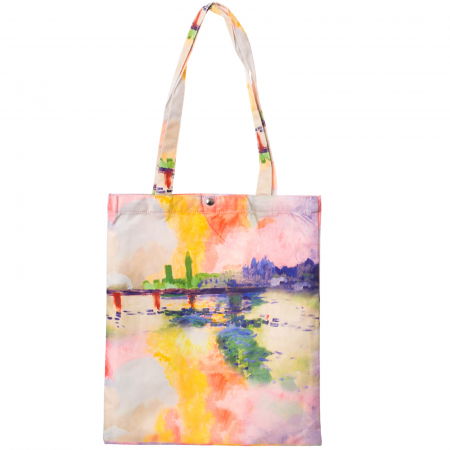 Genți - Geanta shopper din material textil, imprimeu inspirat dintr-un peisaj al unui lac