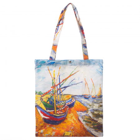 Genți - Geanta shopper din material textil, cu imprimeu inspirat din pictura "Barci pe plaja" a lui Vincent Van Gogh
