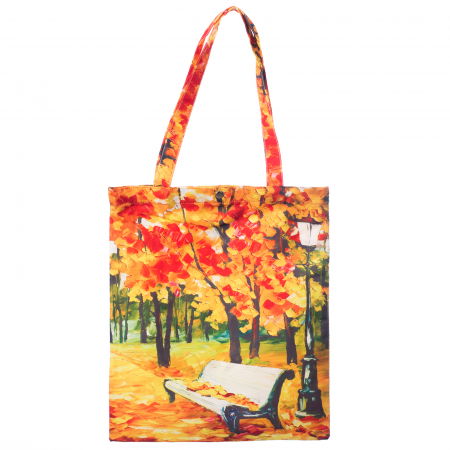 Genți - Geanta shopper din material textil, imprimeu peisaj de toamna