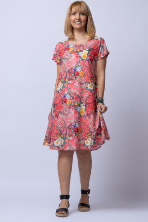 Îmbrăcăminte - Rochie `A line` midi, silky, cu imprimeu floral pe fundal rosu