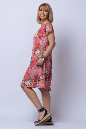 Rochie `A line` midi, silky, cu imprimeu floral pe fundal rosu [1]