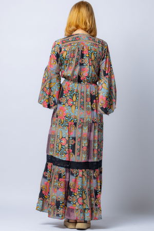 Rochie lunga din matase indiana cu volane si imprimeu floral si insetie de dantela neagra [2]