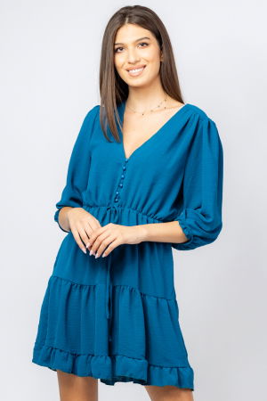 Rochii Elegante & Office - Rochie scurta din voal cu maneci 3/4 si volanase, albastra