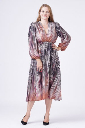 Rochie eleganta cu bust petrecut si imprimeu predominant negru-aramiu [1]