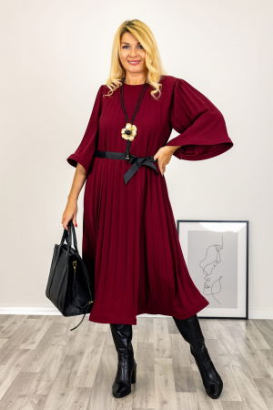 Rochii Elegante & Office - Rochie A-line rosie, plisata cu maneca clopot si cordon