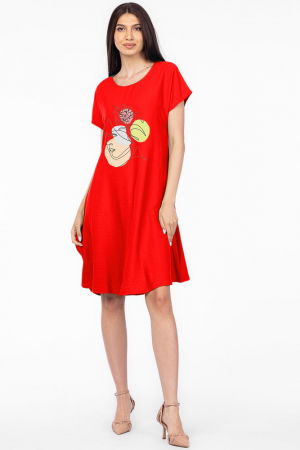 Rochii masuri mari - Rochie `A line` rosie din in mercerizat, cu imprimeu grafic chip