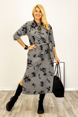 Rochie cu nod intr-o parte imprimata cu flori embosate si catifelate, din jerseu de bumbac gri [3]