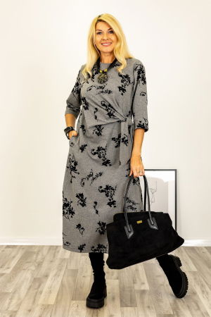 Rochii Casual - Rochie cu nod intr-o parte imprimata cu flori embosate si catifelate, din jerseu de bumbac gri
