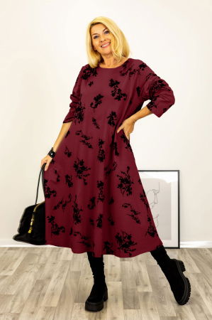 Rochii Casual - Rochie A-line cu flori embosate si catifelate, din jerseu de bumbac bordo