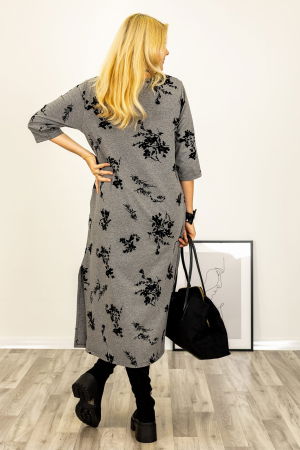 Rochie cu nod intr-o parte imprimata cu flori embosate si catifelate, din jerseu de bumbac gri [1]
